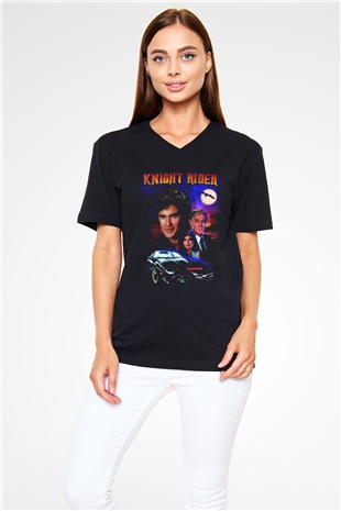 Knight Rider Siyah Unisex  V Yaka Tişört