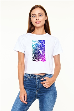 Koala Baskılı Beyaz Crop Top Kadın Tişört - Tshirt