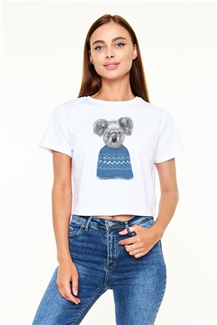 Koala Baskılı Beyaz Crop Top Kadın Tişört - Tshirt