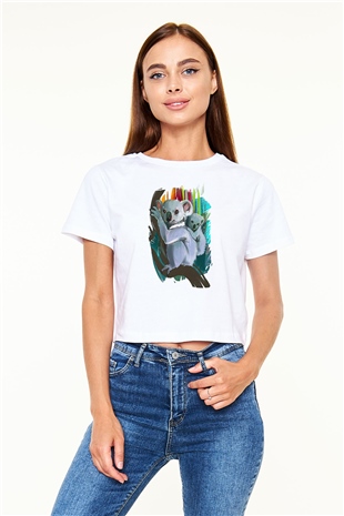 Koala Baskılı Beyaz Crop Top Kadın Tişört - Tshirt