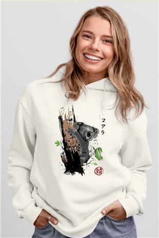 Koala Baskılı Beyaz Unisex Hoodie