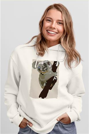 Koala Baskılı Beyaz Unisex Hoodie