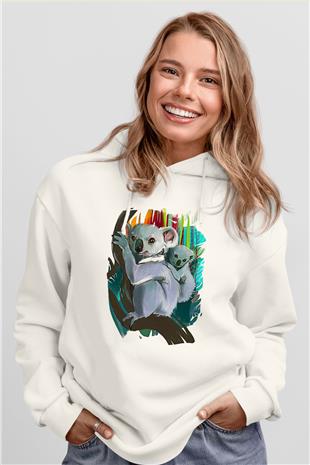 Koala Baskılı Beyaz Unisex Hoodie