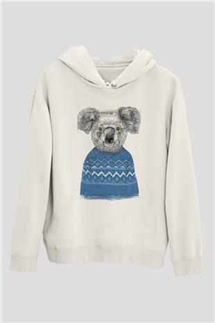 Koala Baskılı Beyaz Unisex Hoodie