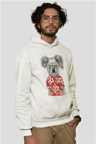 Koala Baskılı Beyaz Unisex Hoodie