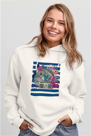 Koala Baskılı Beyaz Unisex Hoodie