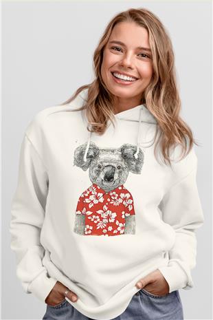 Koala Baskılı Beyaz Unisex Hoodie