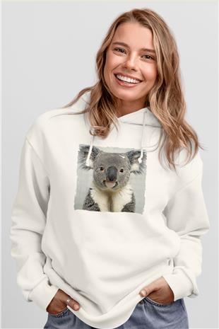 Koala Baskılı Beyaz Unisex Hoodie