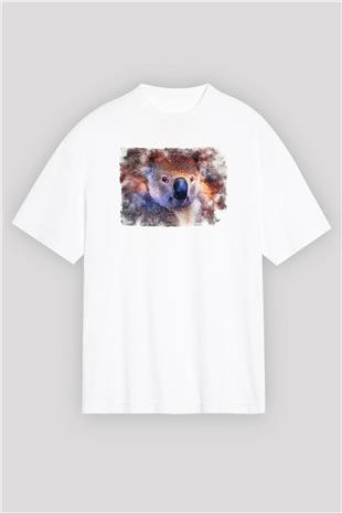 Koala Baskılı Beyaz Unisex Oversize Tişört - Tshirt