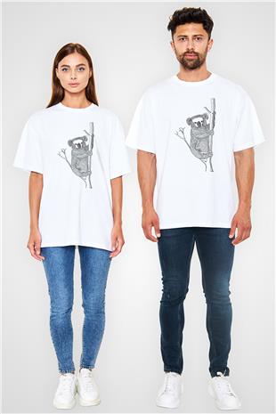 Koala Baskılı Beyaz Unisex Oversize Tişört - Tshirt