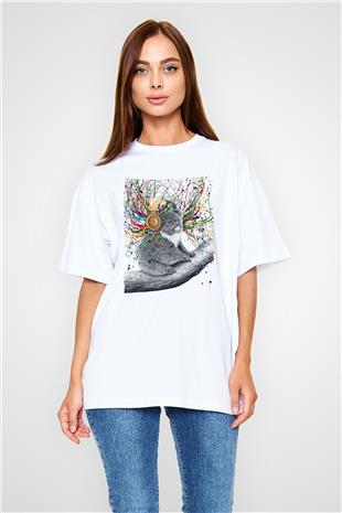 Koala Baskılı Beyaz Unisex Oversize Tişört - Tshirt