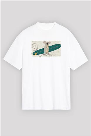 Koala Baskılı Beyaz Unisex Oversize Tişört - Tshirt