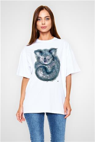 Koala Baskılı Beyaz Unisex Oversize Tişört - Tshirt