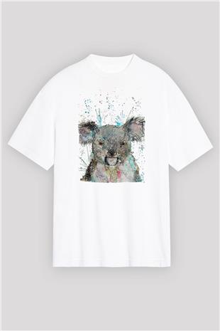 Koala Baskılı Beyaz Unisex Oversize Tişört - Tshirt