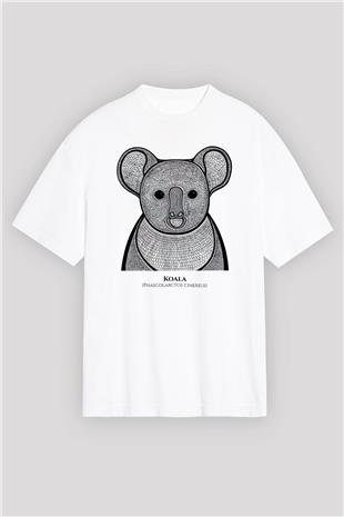 Koala Baskılı Beyaz Unisex Oversize Tişört - Tshirt