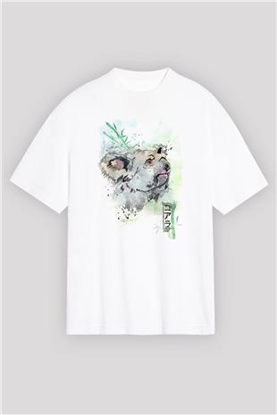 Koala Baskılı Beyaz Unisex Oversize Tişört - Tshirt