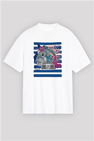 Koala Baskılı Beyaz Unisex Oversize Tişört - Tshirt
