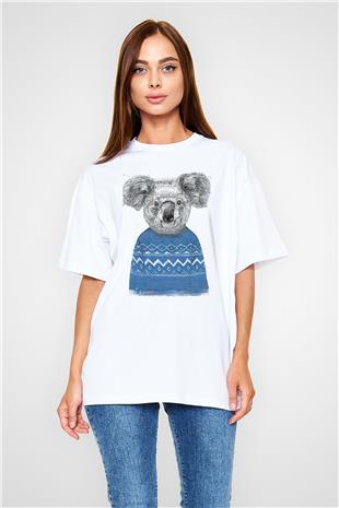 Koala Baskılı Beyaz Unisex Oversize Tişört - Tshirt