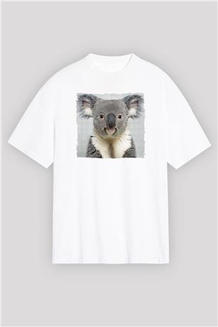 Koala Baskılı Beyaz Unisex Oversize Tişört - Tshirt