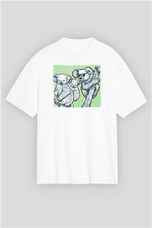 Koala Baskılı Beyaz Unisex Oversize Tişört - Tshirt