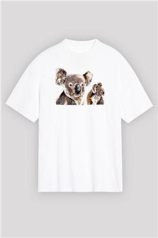 Koala Baskılı Beyaz Unisex Oversize Tişört - Tshirt