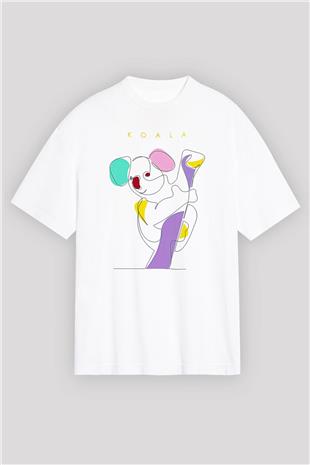 Koala Baskılı Beyaz Unisex Oversize Tişört - Tshirt