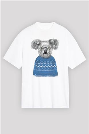 Koala Baskılı Beyaz Unisex Oversize Tişört - Tshirt