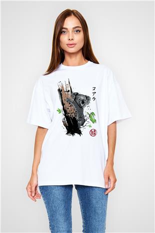 Koala Baskılı Beyaz Unisex Oversize Tişört - Tshirt