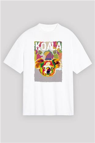 Koala Baskılı Beyaz Unisex Oversize Tişört - Tshirt