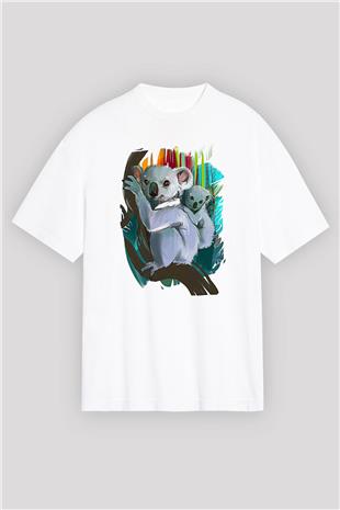 Koala Baskılı Beyaz Unisex Oversize Tişört - Tshirt