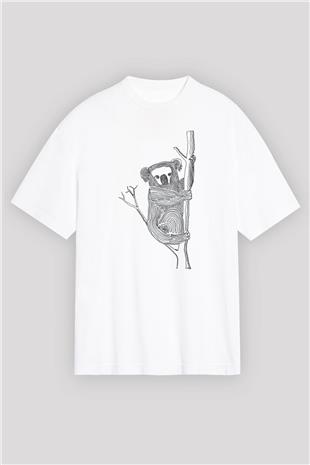 Koala Baskılı Beyaz Unisex Oversize Tişört - Tshirt