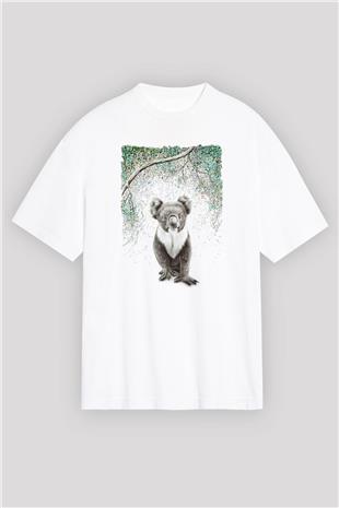 Koala Baskılı Beyaz Unisex Oversize Tişört - Tshirt