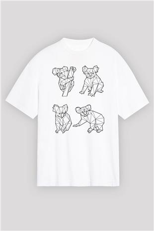 Koala Baskılı Beyaz Unisex Oversize Tişört - Tshirt