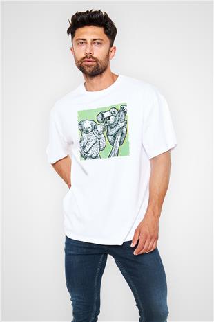 Koala Baskılı Beyaz Unisex Oversize Tişört - Tshirt
