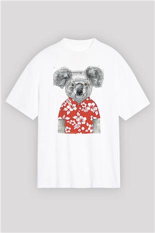 Koala Baskılı Beyaz Unisex Oversize Tişört - Tshirt