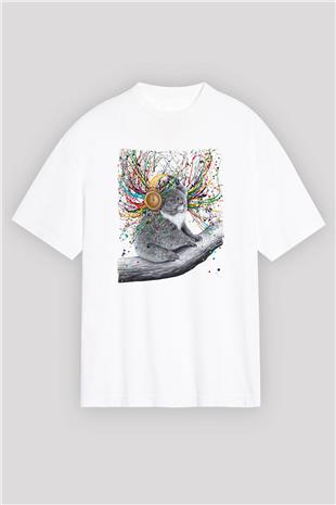 Koala Baskılı Beyaz Unisex Oversize Tişört - Tshirt