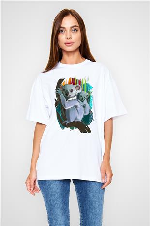 Koala Baskılı Beyaz Unisex Oversize Tişört - Tshirt