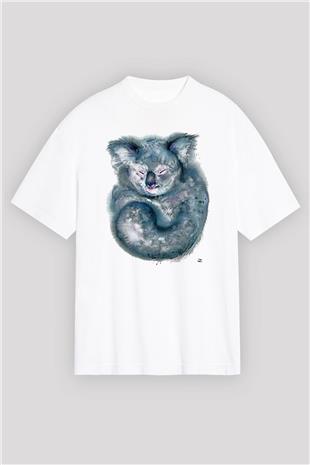 Koala Baskılı Beyaz Unisex Oversize Tişört - Tshirt