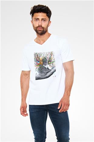 Koala Baskılı Beyaz Unisex V Yaka Tişört - Tshirt
