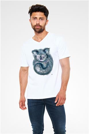 Koala Baskılı Beyaz Unisex V Yaka Tişört - Tshirt