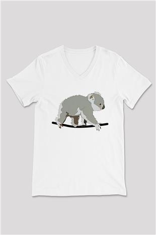 Koala Baskılı Beyaz Unisex V Yaka Tişört - Tshirt