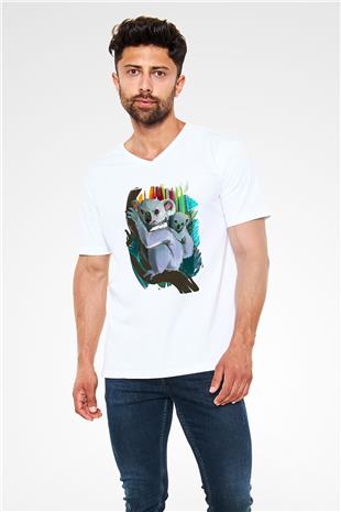 Koala Baskılı Beyaz Unisex V Yaka Tişört - Tshirt