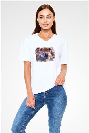 Koala Baskılı Beyaz Unisex V Yaka Tişört - Tshirt