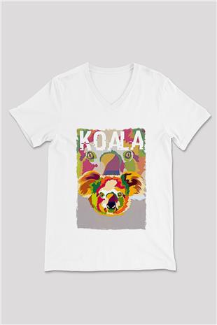 Koala Baskılı Beyaz Unisex V Yaka Tişört - Tshirt