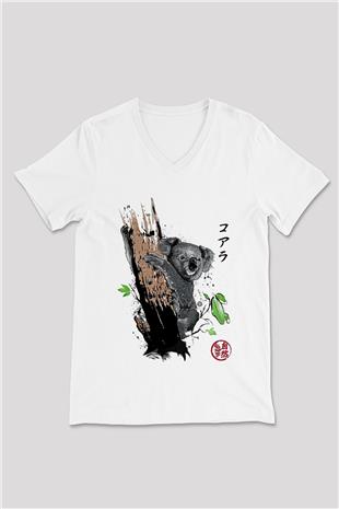 Koala Baskılı Beyaz Unisex V Yaka Tişört - Tshirt