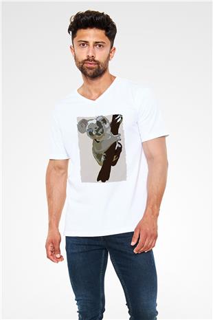 Koala Baskılı Beyaz Unisex V Yaka Tişört - Tshirt