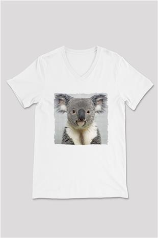 Koala Baskılı Beyaz Unisex V Yaka Tişört - Tshirt