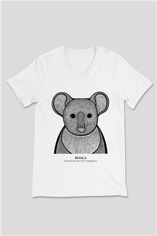 Koala Baskılı Beyaz Unisex V Yaka Tişört - Tshirt