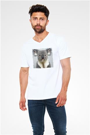 Koala Baskılı Beyaz Unisex V Yaka Tişört - Tshirt