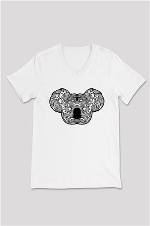Koala Baskılı Beyaz Unisex V Yaka Tişört - Tshirt